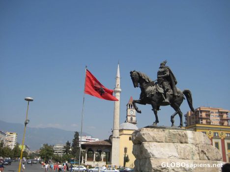 Postcard Skanderberg statue and main mosque of Tirana