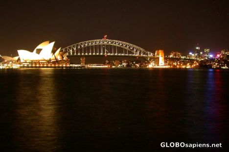 Postcard sydney opera house and harbour bridge at night