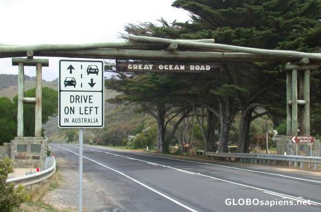 Postcard funny road sign, beginning of great ocean road