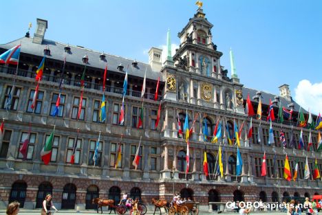 Postcard Antwerp (BE) - townhall with flags