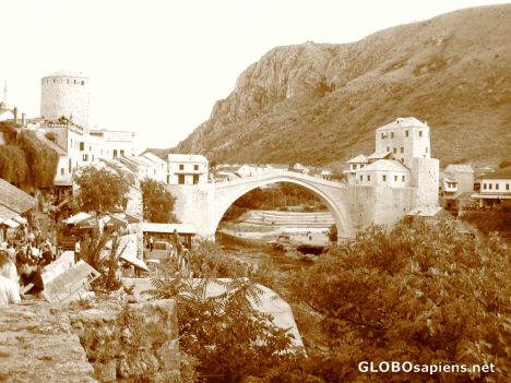 Postcard Black and white view of the famous Mostar bridge