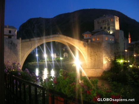 Postcard Old Mostar bridge in the evening