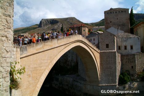 Postcard Mostar (BA) - the Old Bridge, on it