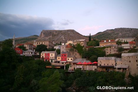 Postcard Mostar (BA) - eastern side of old town at dusk