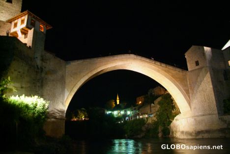 Postcard Mostar (BA) - the Old Bridge at night (south side)