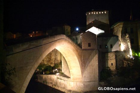 Postcard Mostar (BA) - southern side of Old Bridge at night