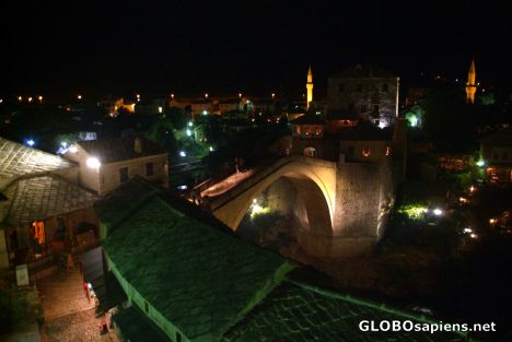 Postcard Mostar (BA) - the night time view of Old Bridge