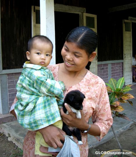 Postcard Mother, Child and Puppy, Mandalay