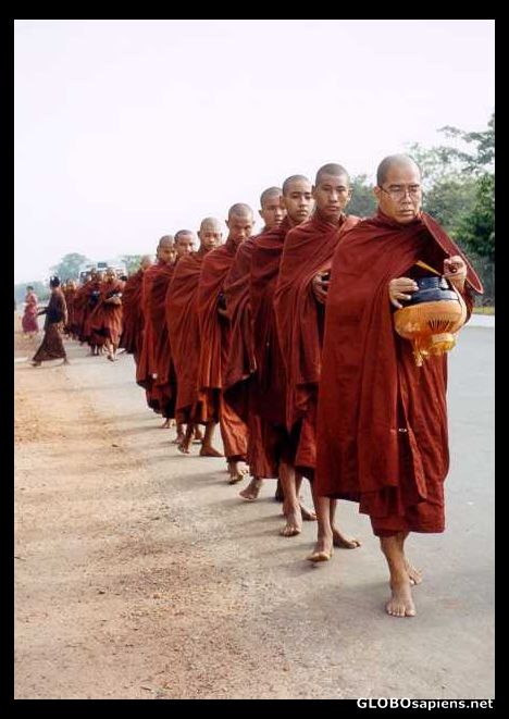 Postcard Theravada Buddhist monks begging for alms
