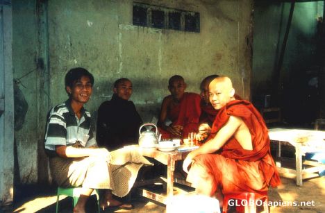 Postcard Monks in a Yangon Tea Shop