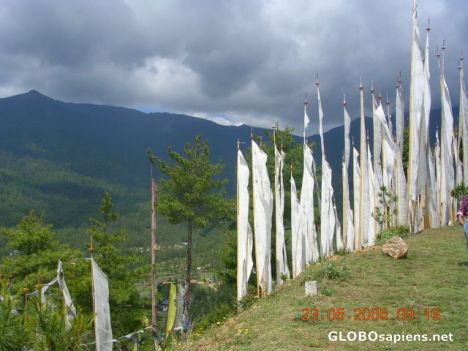 Postcard Buddhist Prayer flags against a cloudy sky Thimphu