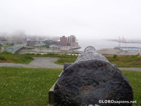 Postcard View of Cannon and foggy Downtown Saint John