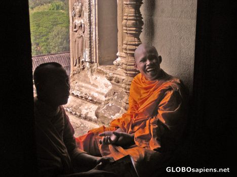 Postcard Laughing monk at Angkor
