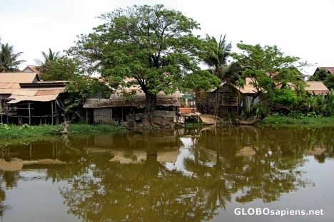 Postcard Rustic Dwellings along the Stung Siem Reap (River)
