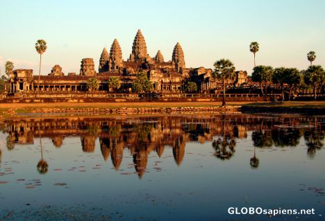 Postcard Angkor Wat at Sunset Reflected
