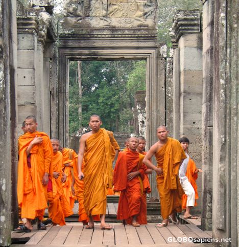 Postcard monks visiting Angkor Vat