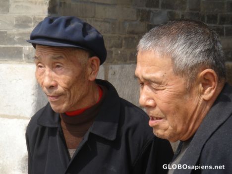 Postcard old men outside Mao's Mausoleum