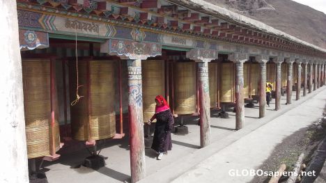 Postcard Prayer wheels in Tagong Monastery