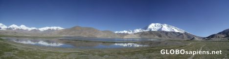 Postcard Mustagh Ata mountain and lake Karakol