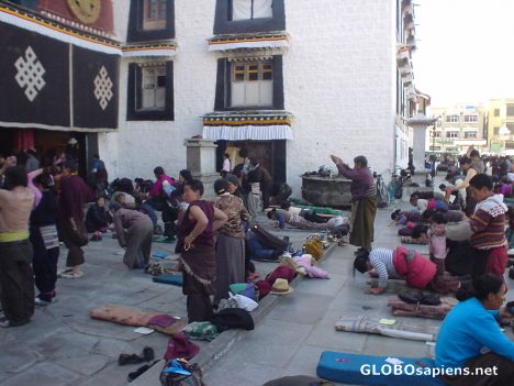 Postcard worshippers at johkang temple,lhasa,tibet