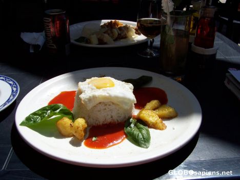 Postcard Typical meal/fried banana, tomato sauce, rice,egg