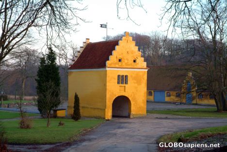 Postcard Funen - unsually yellow manor house