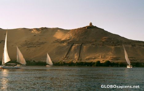 Postcard Aswan - feluccas on the Nile & temple