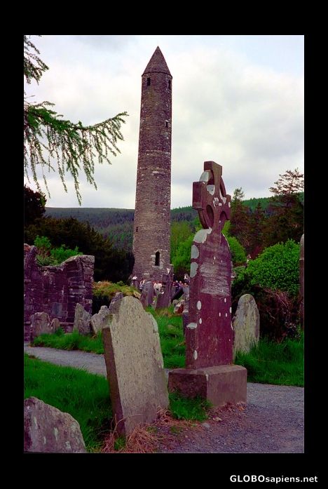 Postcard Round tower and graveyard, Glendalough