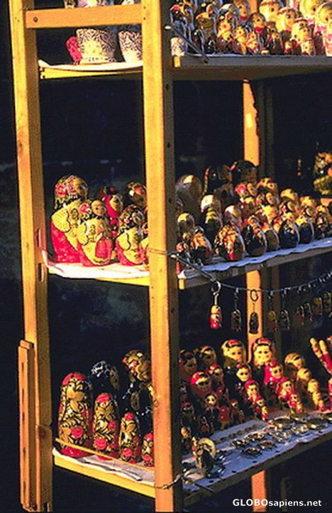 Postcard Special Colorful dolls on a rack