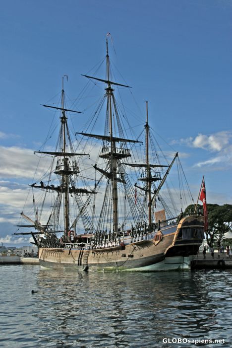 Postcard James Cook's Endeavour replica at Papeete