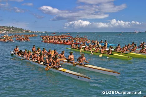 Postcard Papeete Harbor: July canoe races