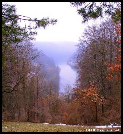 Postcard the Danube in the mist