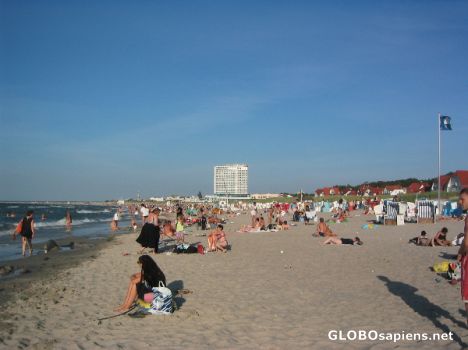 Postcard Warnemuende, Rostock, typical packed beach.