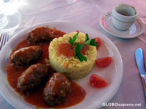 Postcard Soutzoukakia with Rice and a Greek coffee