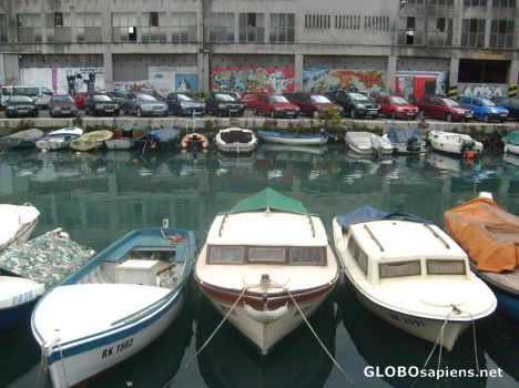 Postcard Rows of Boats & Cars & Graffiti