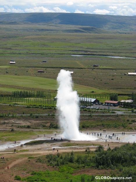 Postcard Geysir seen from the hill