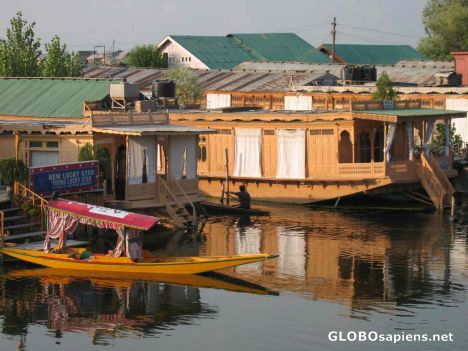 Postcard typical Houseboat + small Shikara boat, Dal Lake