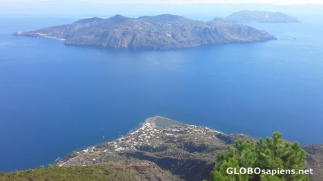 Postcard View from Monte Fossa to Lipari and Vulcano island