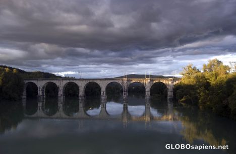 Postcard Railway bridge over the river Isonzo.