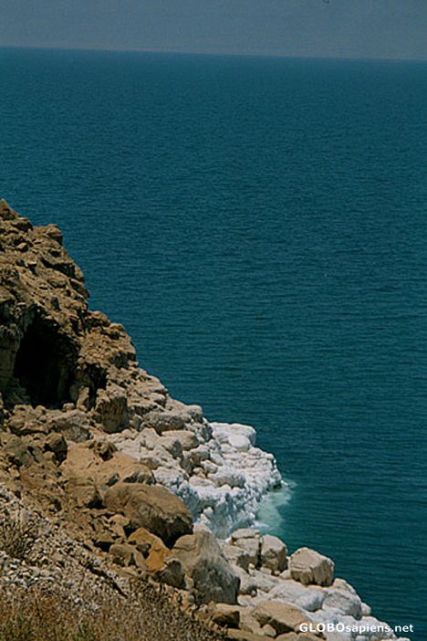 Postcard Dead Sea and salt accumalations