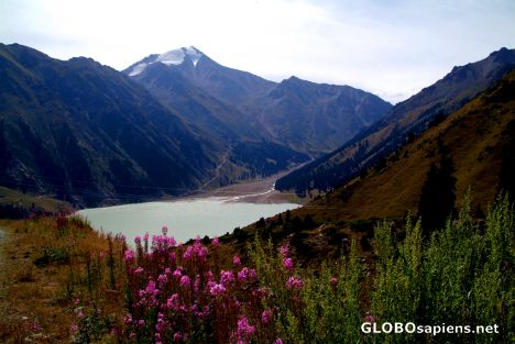 Postcard Big Almaty Lake - from a trail with flowers