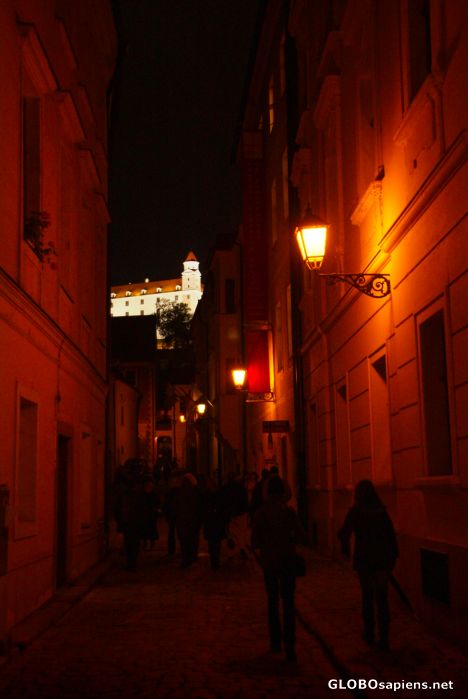 Postcard Bratislava (SK) - Castle and narrow alley at night