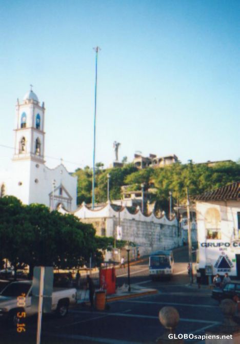 Postcard Papantla with her church and Voladores tall pole