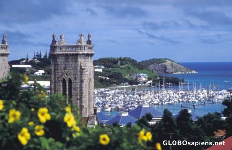 Postcard Cathedral tower and marina in Noumea