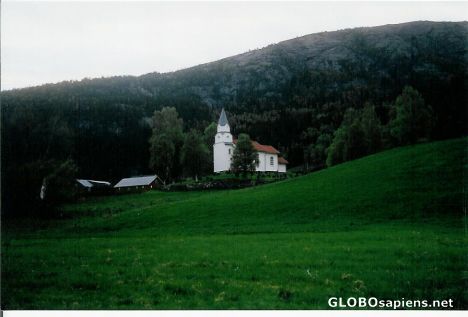 Postcard Gjøvdal church, at 0500 in the morning