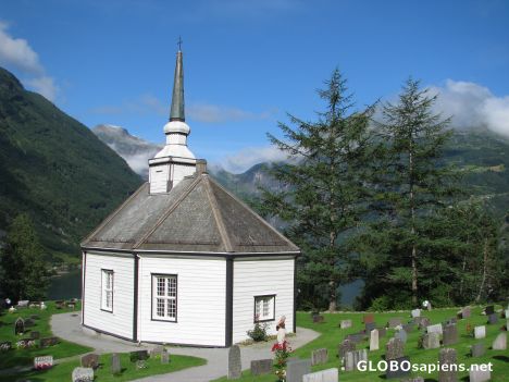 Postcard The church with cimentary at Geiranger