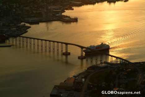 Postcard Tromsø - a cuise ship under the famous bridge