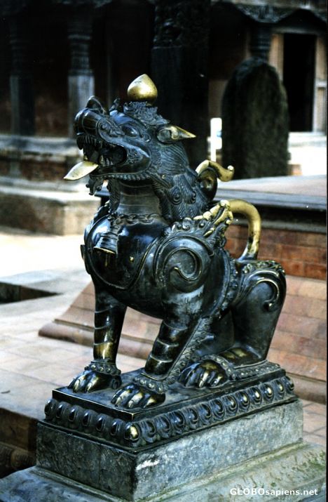Postcard Figurine of a Lion in front of a Temple