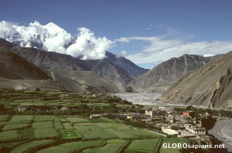 Postcard Kagbeni, Kali Gandaki river and Nilgiri 6940 m