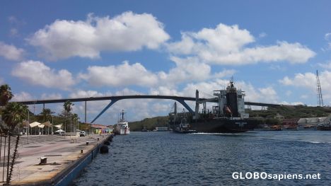 Postcard Big ship under Queen Juliana Bridge